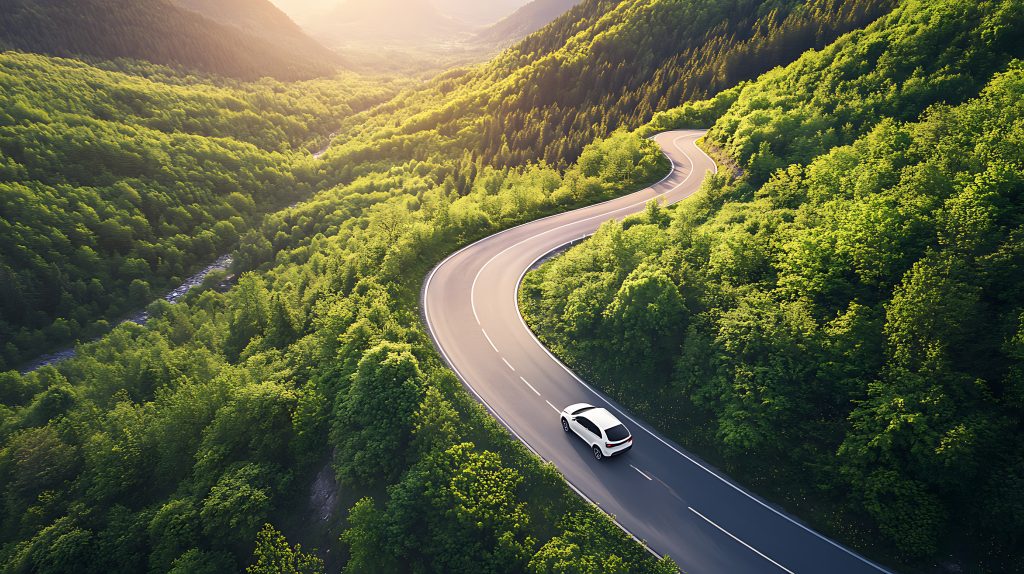 A car drives along a winding road through a lush green valley at sunset.